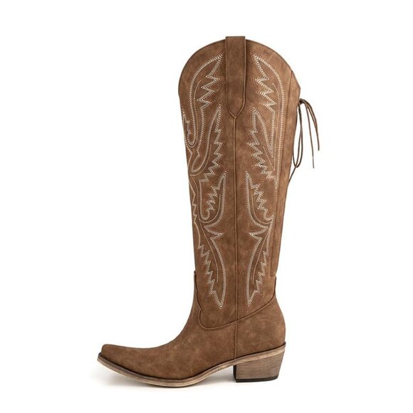 Knee High Western Boots Wide Calf Lace Up Embroidered 5CM Heel